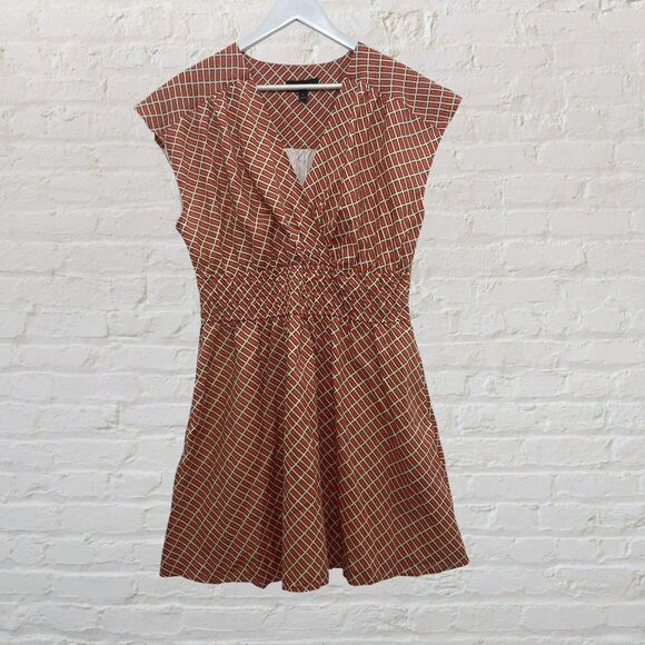 Banana Republic Factory Voile Mini Dress Size L Shirred Waist Orange Geo Print - Picture 3 of 16